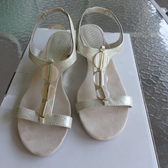 Anne Klein Dustee flex sandals size 8.5M, silver & gold color ,short wedge VGC - Picture 1 of 12
